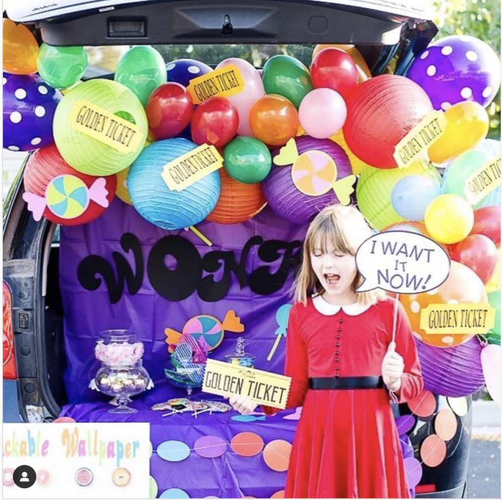 Car Trunk Decorated as Willy Wonka's Chocolate Factory for a Trunk or Treat Halloween Event | The Dating Divas